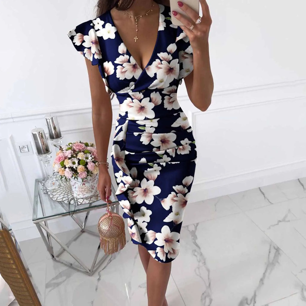 Form-Fitting Black Floral Midi Dress with Flutter Sleeves and Ruched Side Detailing