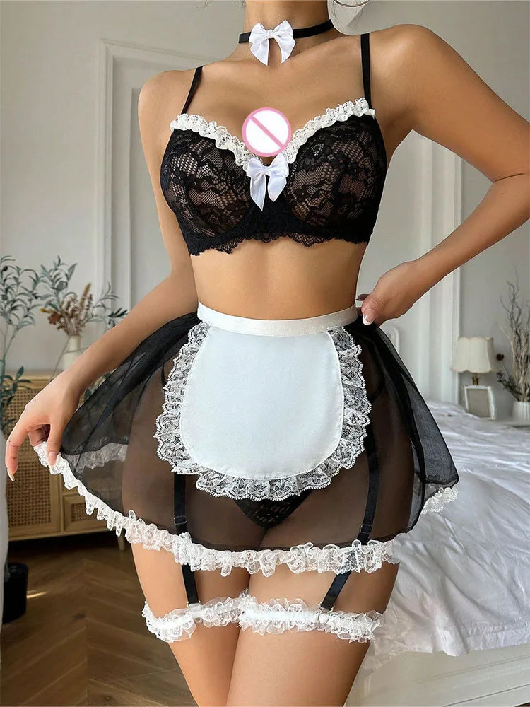 Playful Black and White Sheer Mesh Maid Lingerie Set with Lace Trim