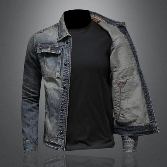 Vintage Washed Denim Layered Hooded Jacket with Padded Streetwear Outerwear Design