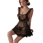 Romantic Sheer Black Floral Lace Ruffled Babydoll Dress