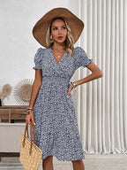 Breezy Blue Ditsy Floral V-Neck Mini Dress with Puff Sleeves