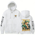Swordsman Streetwear Zip Hoodie with Manga Graphic Back Design