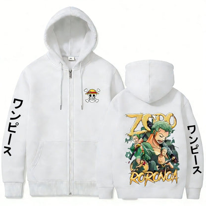 Swordsman Streetwear Zip Hoodie with Manga Graphic Back Design