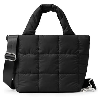Small Quilted Nylon Puffer Crossbody Tote Bag with Adjustable Strap