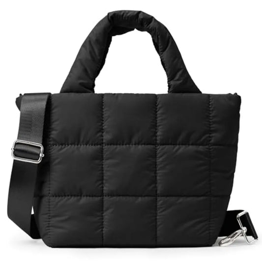 Small Quilted Nylon Puffer Crossbody Tote Bag with Adjustable Strap
