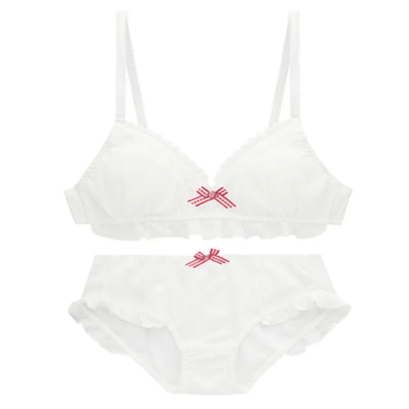 Sweet White Ruffled Cotton-Blend Bralette and Panty Set