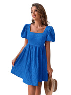 Square Neck Puff Sleeve Smocked Mini Dress with Relaxed A-Line Fit