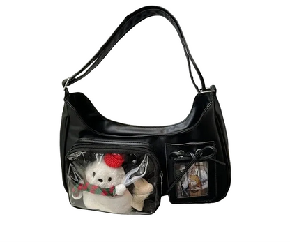 Structured Display Window Shoulder Bag with Zip Closure Design