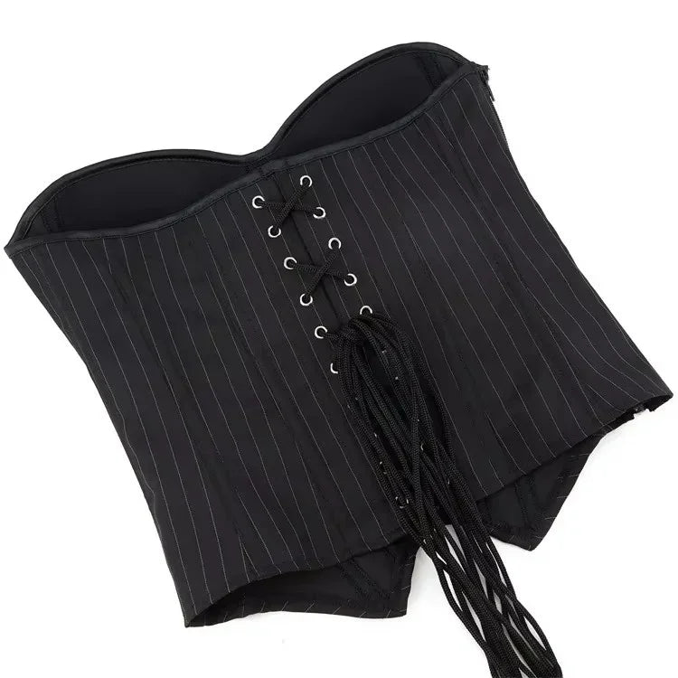Tailored Black Pinstripe Overbust Corset with Structured Sweetheart Bodice