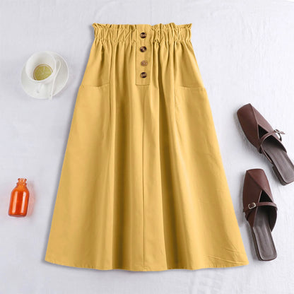 Elastic Waist A-Line Midi Skirt with Functional Side Pockets