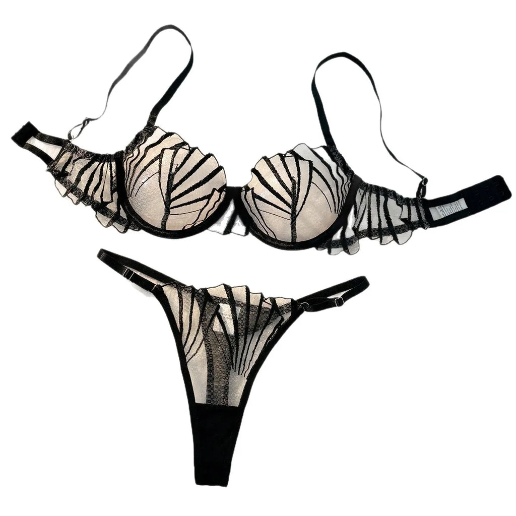 Architectural Black Linear Embroidery and Nude Mesh Underwire Set