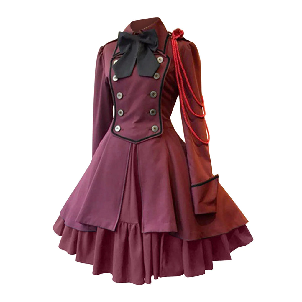Medieval-Inspired Green and Black Flared Coat Dress with Decorative Bow and Brass-Tone Buttons
