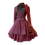 Medieval-Inspired Green and Black Flared Coat Dress with Decorative Bow and Brass-Tone Buttons