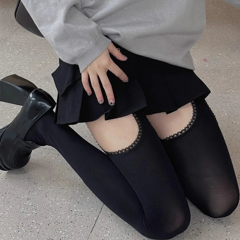 Wide Lace Band Thigh High Stockings with Decorative Suspender Style and Over-the-Knee Fit