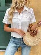Crisp White Cotton Short-Sleeve Blouse with Floral Eyelet Embroidery