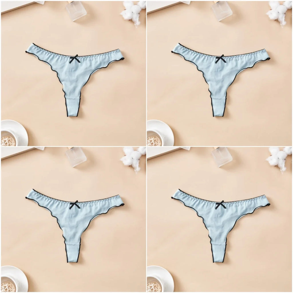 4-Piece Women’s Cotton Low-Rise Thong Panties Set with T-Back Silhouette, Decorative Bow Detail and Assorted Solid Colors