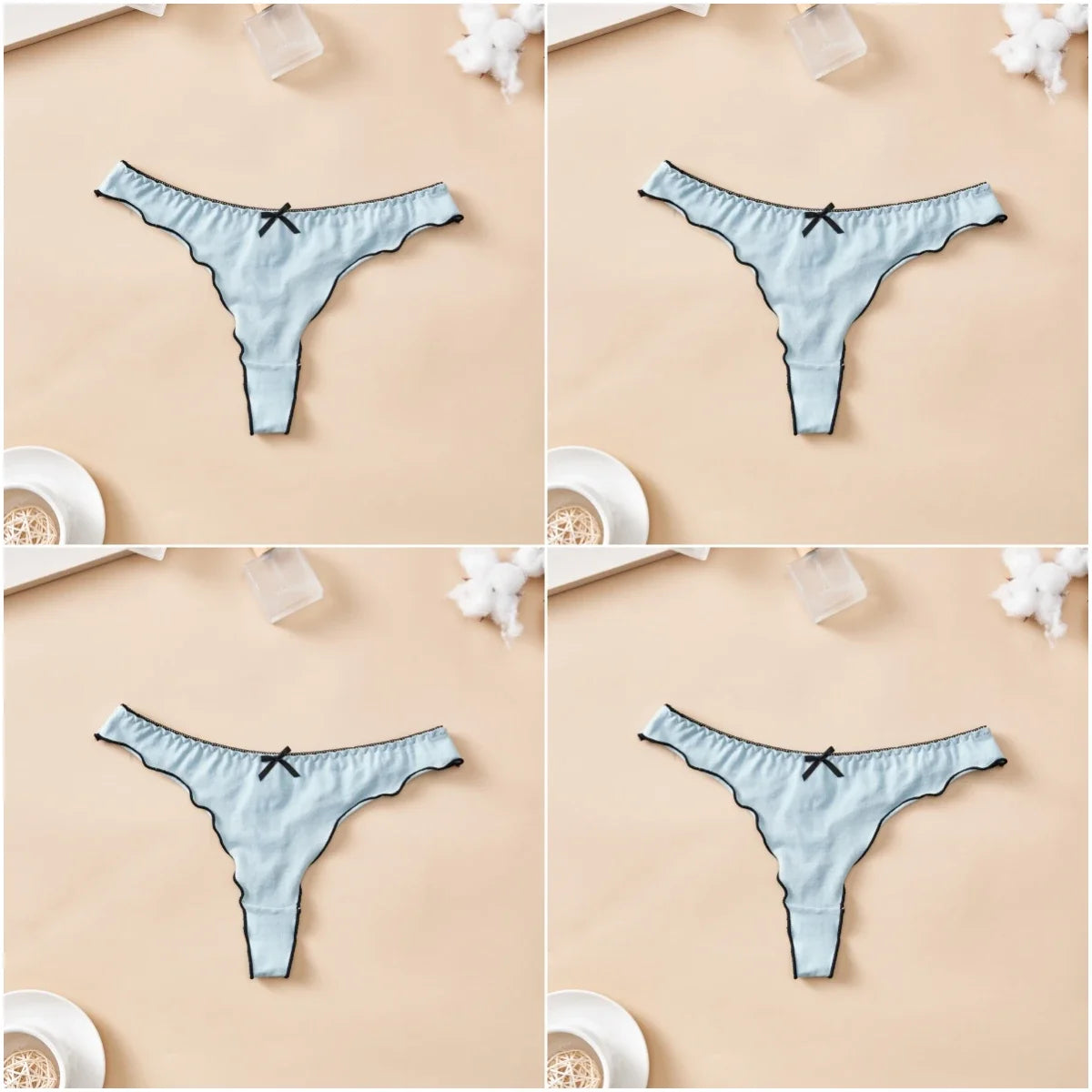 4-Piece Women’s Cotton Low-Rise Thong Panties Set with T-Back Silhouette, Decorative Bow Detail and Assorted Solid Colors