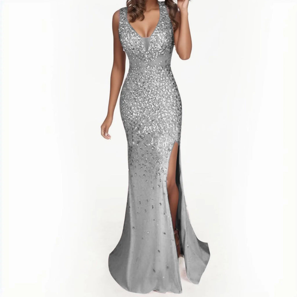Textured Sequin Maxi Dress With Sculpted Fit And Side Slit