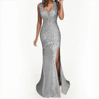 Textured Sequin Maxi Dress With Sculpted Fit And Side Slit