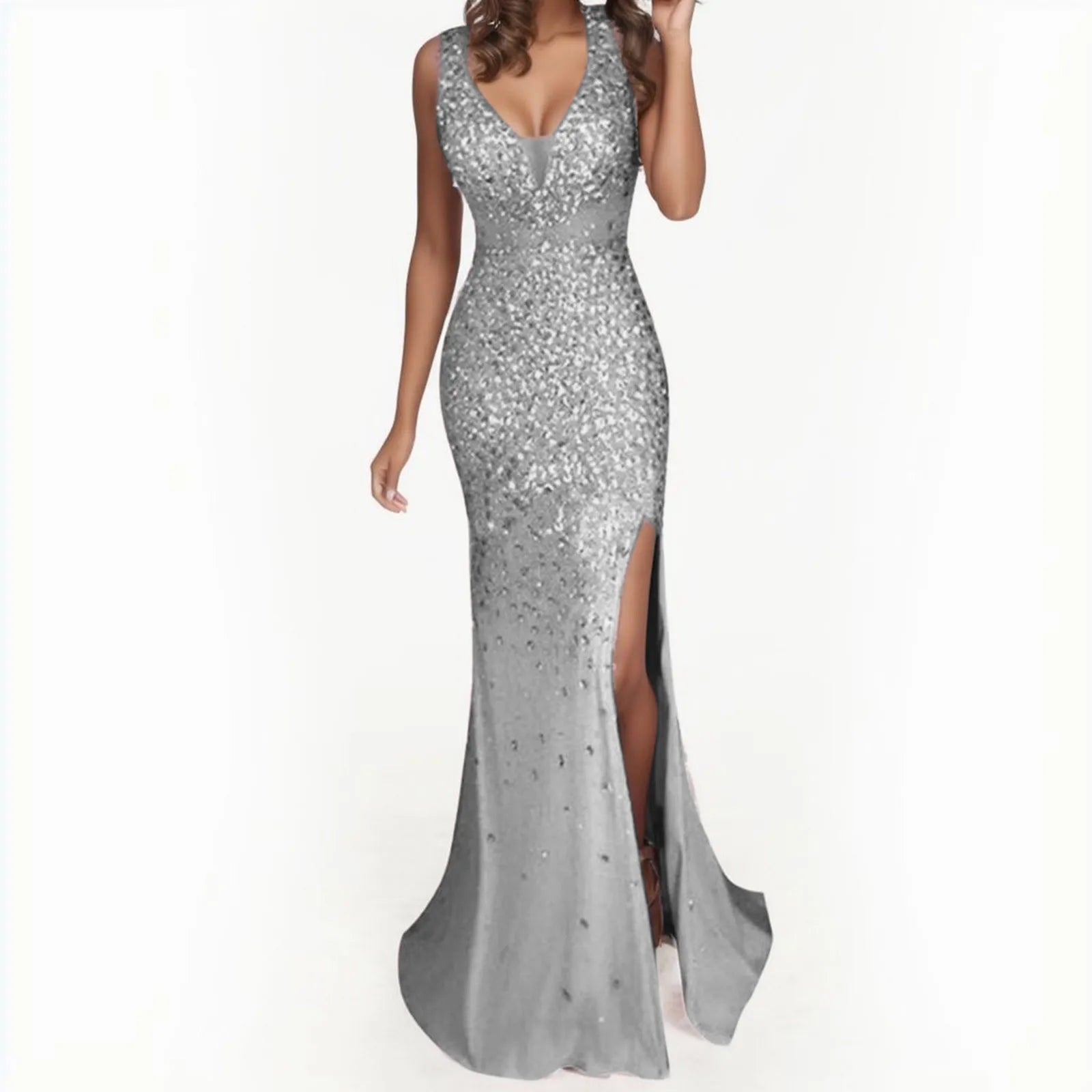 Textured Sequin Maxi Dress With Sculpted Fit And Side Slit