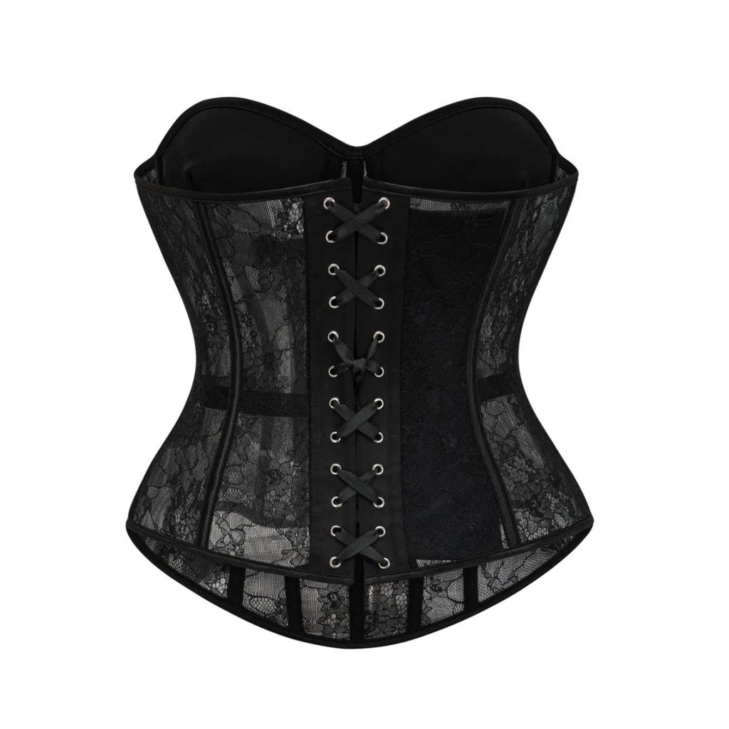 Sheer Black Floral Lace Overbust Corset with Structured Cups