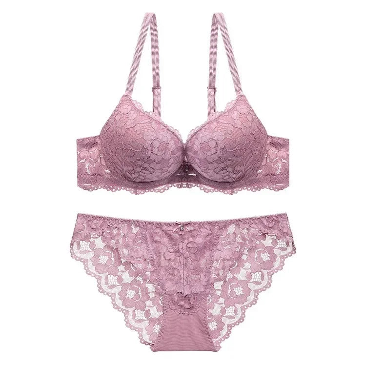 Rich Berry Floral Lace Push-Up Bra and Scalloped Panty Set with Double Strap Detail