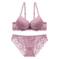 Rich Berry Floral Lace Push-Up Bra and Scalloped Panty Set with Double Strap Detail