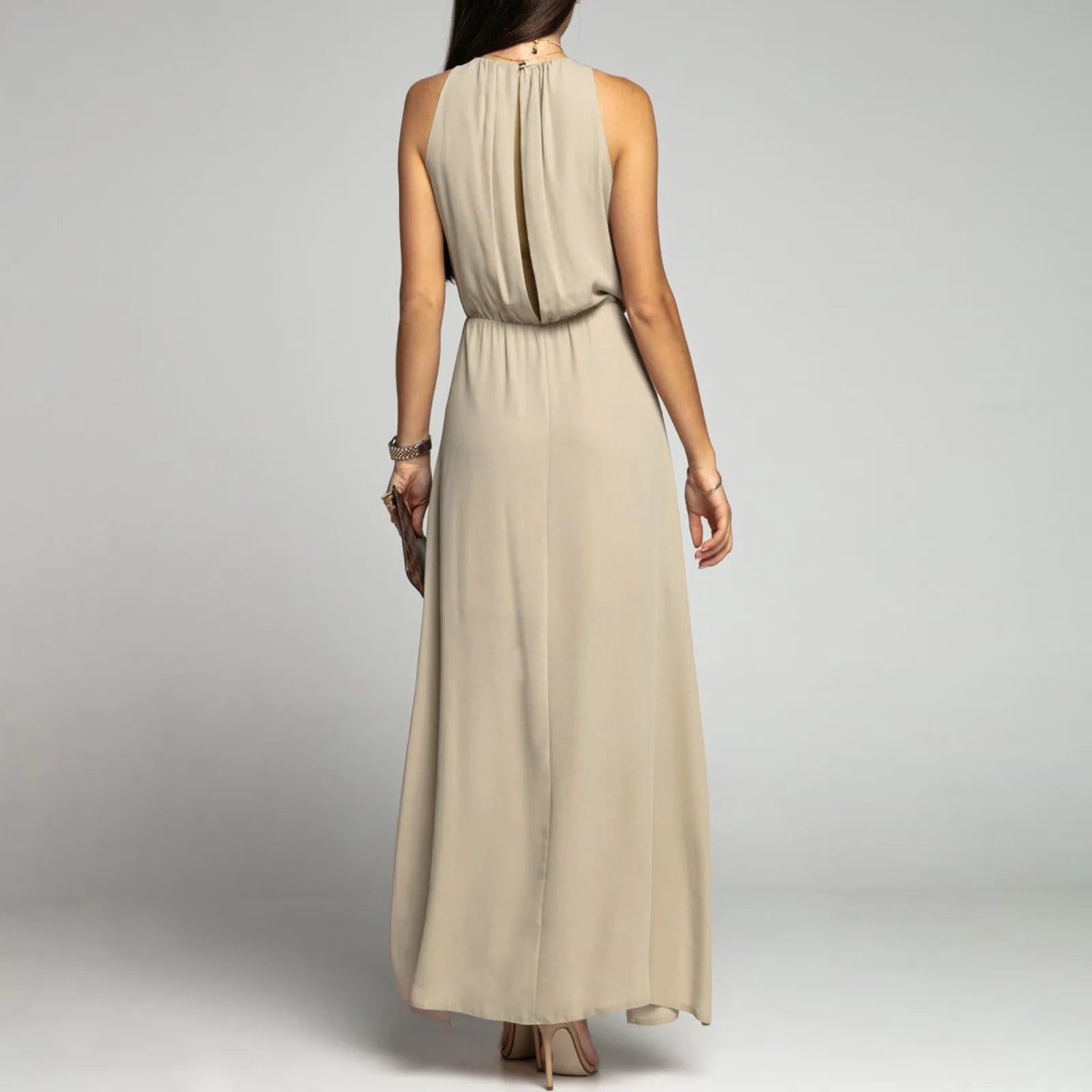 Sleeveless Maxi Dress with High Neck and Elegant Side Slit Design