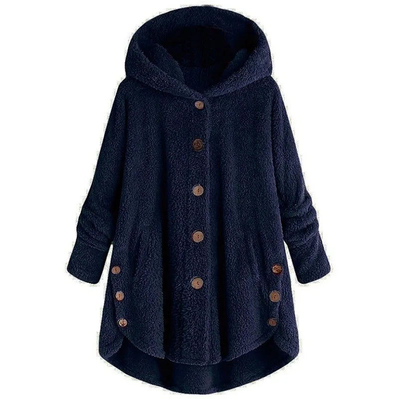 Women's Plush Hooded Teddy Fleece Coat with Button Front for Cozy Winter Layering
