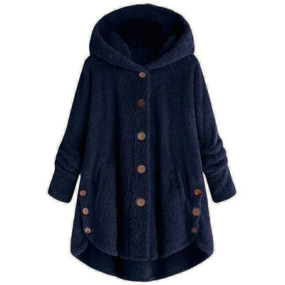 Women's Plush Hooded Teddy Fleece Coat with Button Front for Cozy Winter Layering