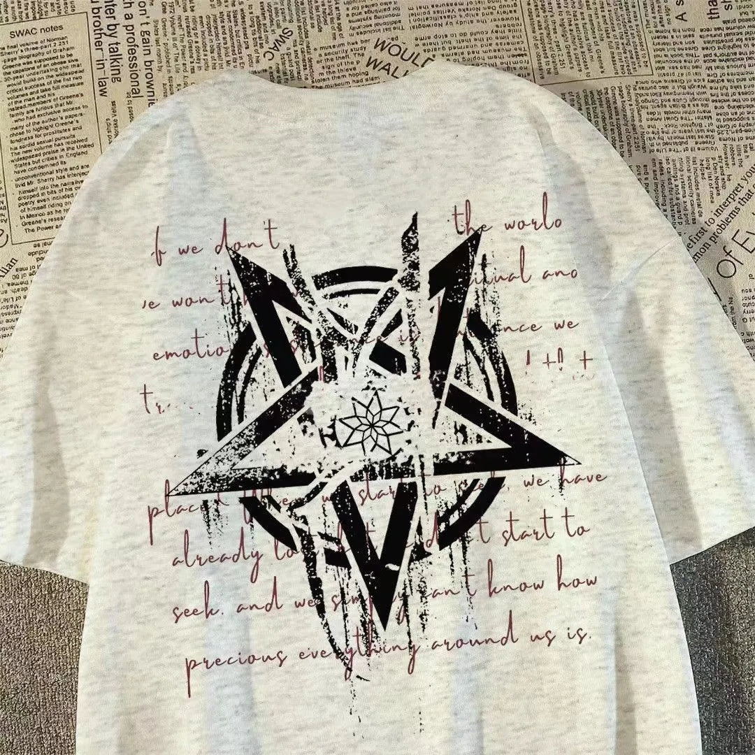 Oversized Geometric Star Graphic Cotton T-Shirt with Alternative Streetwear Design