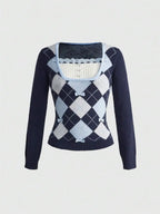 Women's Argyle Knit Sweater with Bow Detail and Fitted Preppy Silhouette