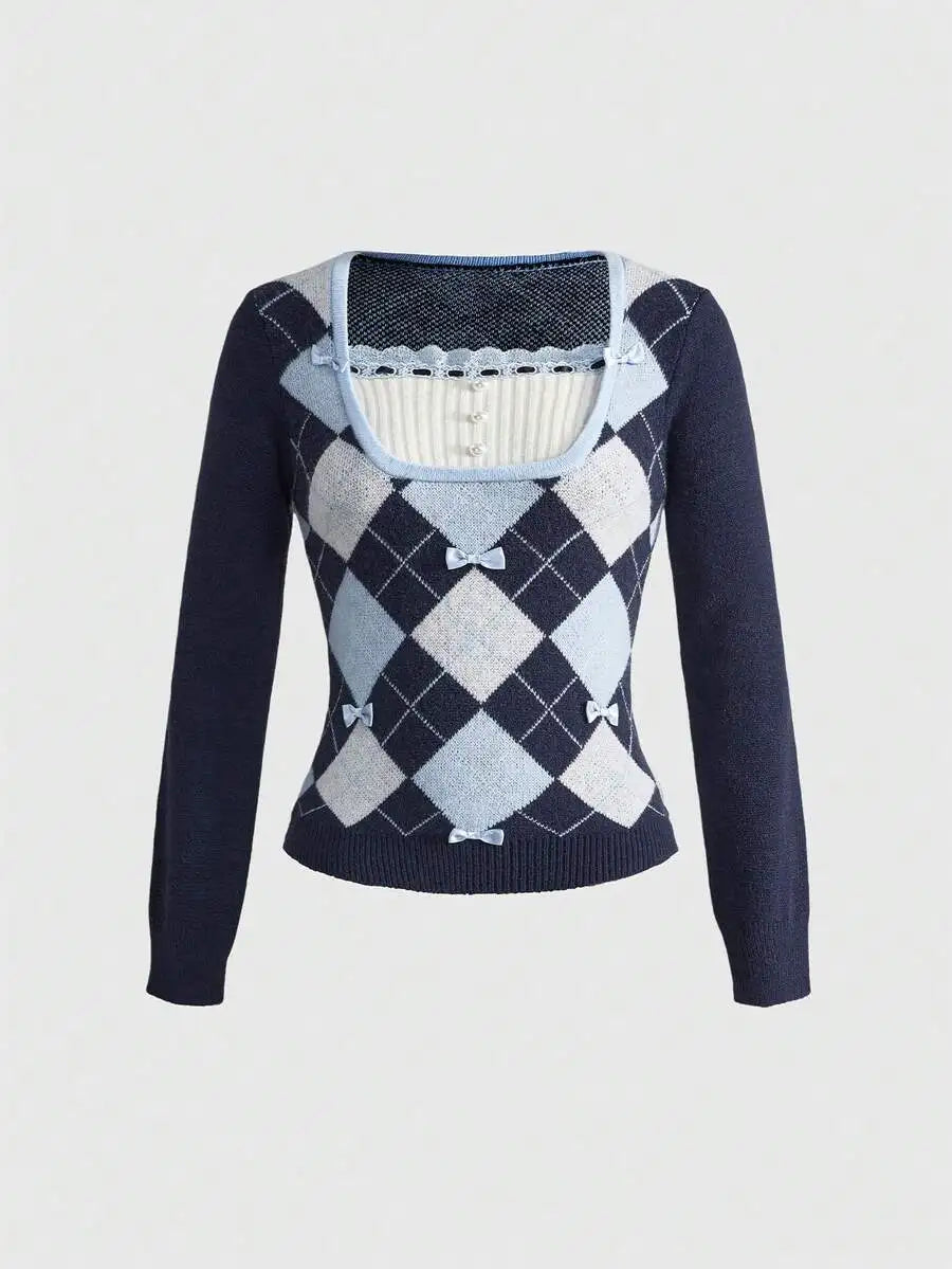 Women's Argyle Knit Sweater with Bow Detail and Fitted Preppy Silhouette