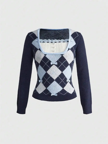Women's Argyle Knit Sweater with Bow Detail and Fitted Preppy Silhouette