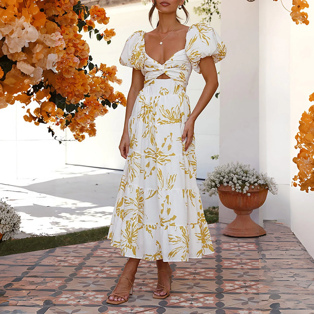 Floral Print Maxi Dress with Puff Sleeves and Waist Cutout Detail