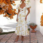 Floral Print Maxi Dress with Puff Sleeves and Waist Cutout Detail