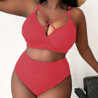 Black Textured High-Waisted Two-Piece Swimsuit with Strappy V-Neck Top and Wide Waistband Detail
