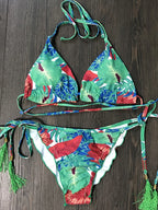 Tropical Palm Print Triangle Bikini Set with Twisted Rope Strap Details