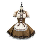 Earth-Toned Bear Maid Cosplay Dress with Corset Lacing, Plaid Bow, and Ear Headband
