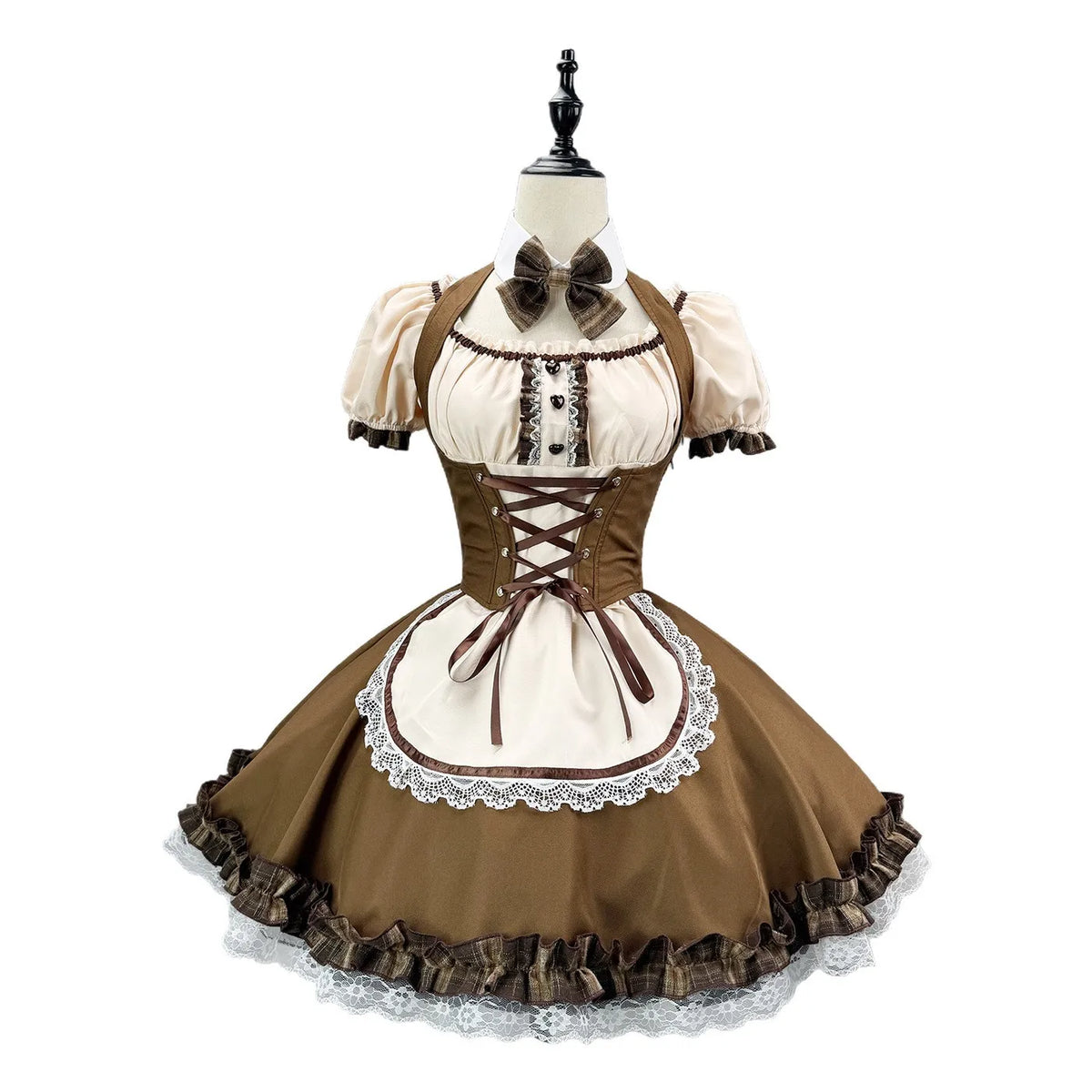 Earth-Toned Bear Maid Cosplay Dress with Corset Lacing, Plaid Bow, and Ear Headband