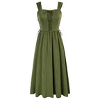 Rustic Lace-Up A-Line Dress with Wide Straps and Gathered Skirt