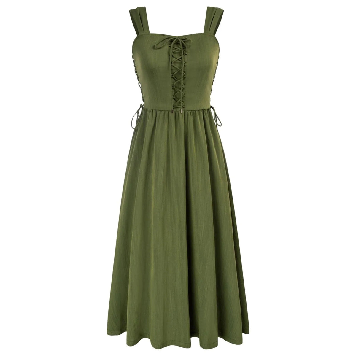 Rustic Lace-Up A-Line Dress with Wide Straps and Gathered Skirt