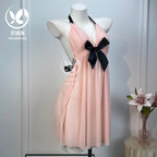 Peach Pleated Mesh Halter Babydoll with Contrast Black Bow Detailing