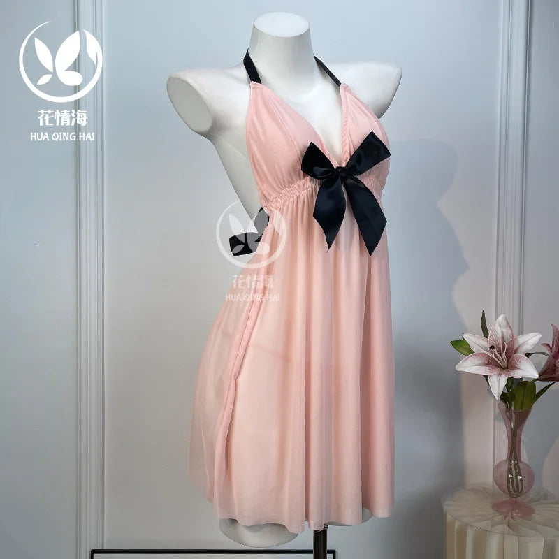 Peach Pleated Mesh Halter Babydoll with Contrast Black Bow Detailing