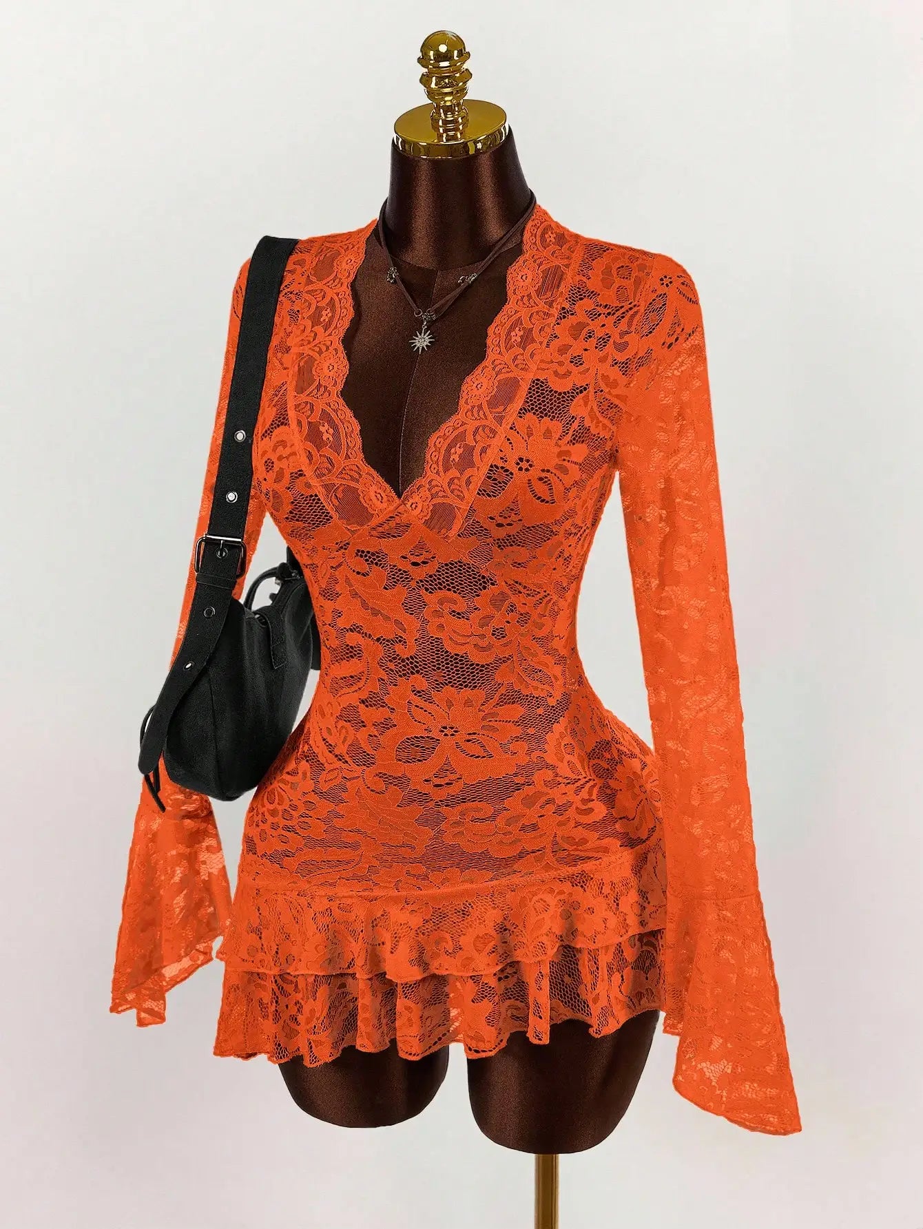Sheer Lace Mini Dress with V-Neckline and Flared Sleeve Party Style