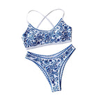 Blue and White Porcelain Print Bralette Bikini with Criss-Cross Back