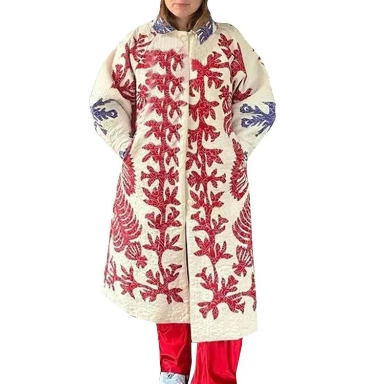 Women's Printed Quilted Hooded Padded Coat Relaxed Winter Casual Long Outerwear Jacket