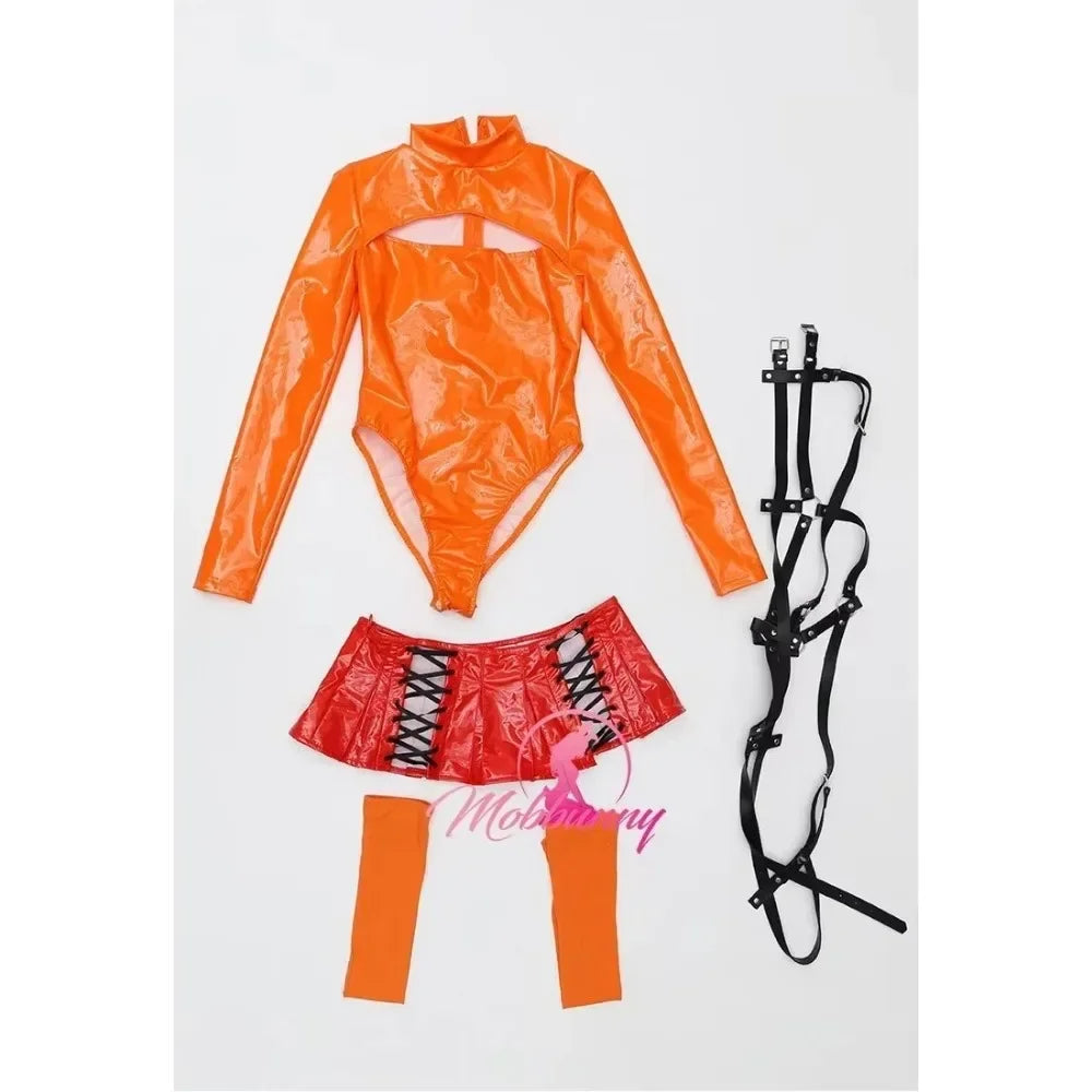 Women's Zip Front Bodysuit Set with Lace-Up Mini Skirt, Harness Belt and Matching Socks