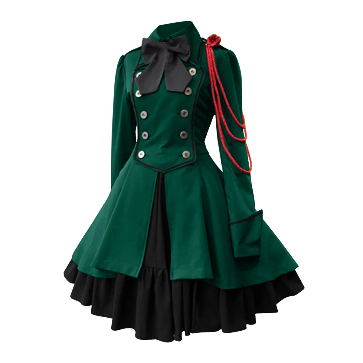 Medieval-Inspired Green and Black Flared Coat Dress with Decorative Bow and Brass-Tone Buttons