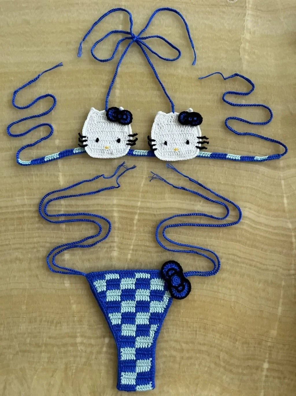 Hand-Crafted Crochet Halter Bikini Set with Whimsical Feline and Checkerboard Details